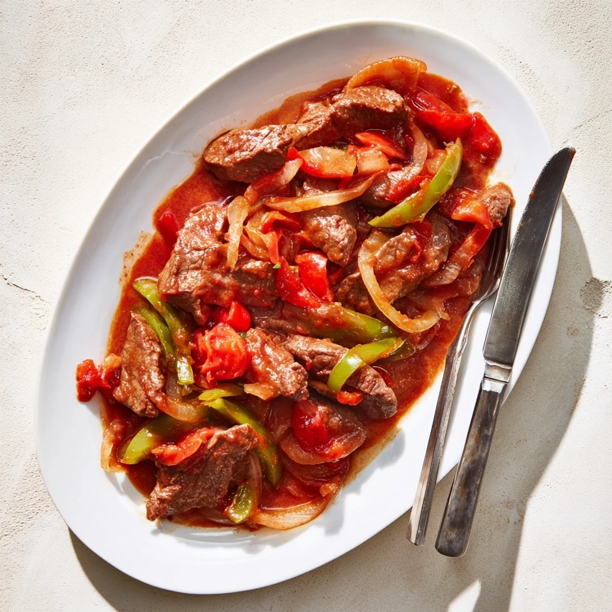Golden brown Old Fashioned Swiss Steak With Beef simmered in rich tomato sauce with tender vegetables
