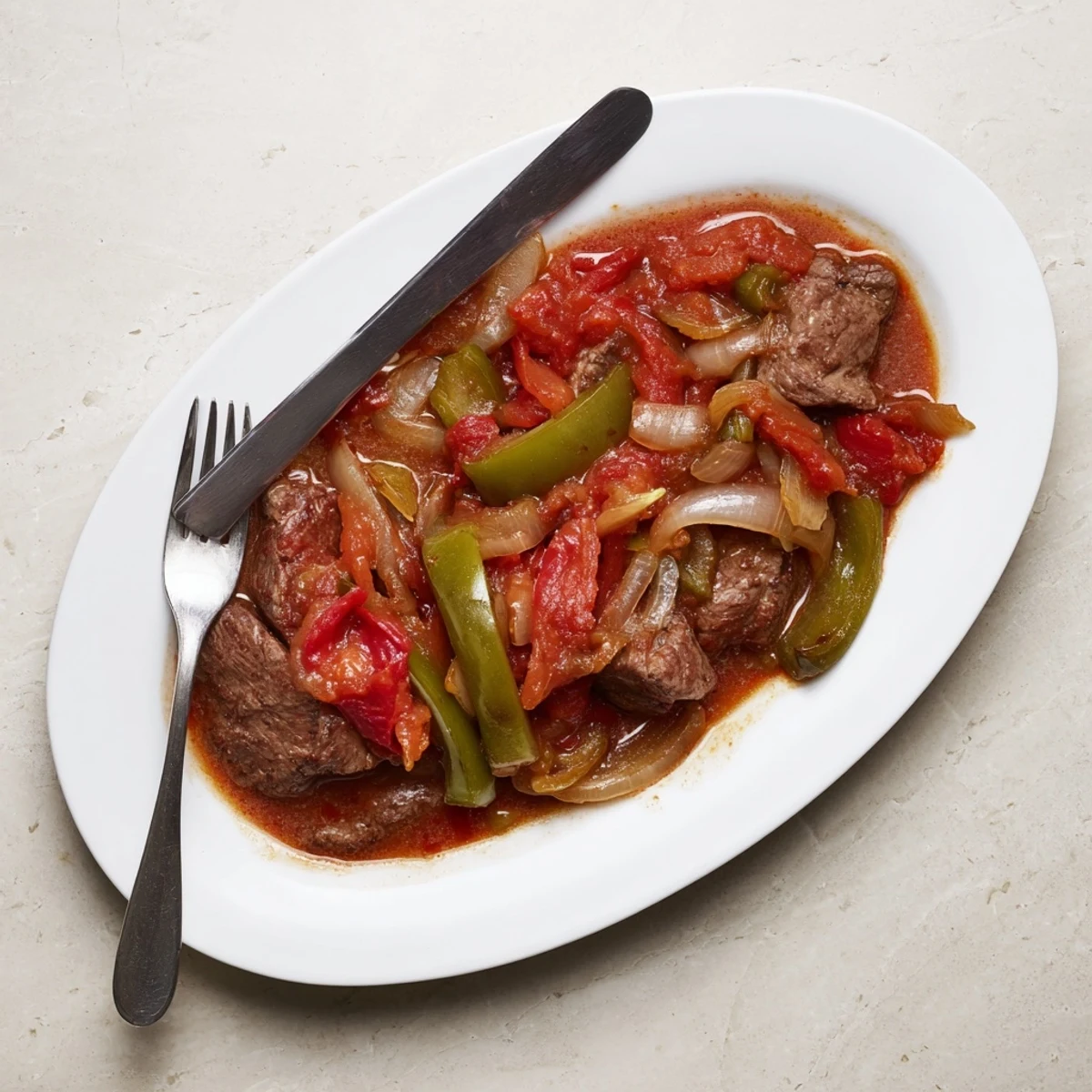 Comforting Old Fashioned Swiss Steak With Beef plated over creamy mashed potatoes with savory gravy