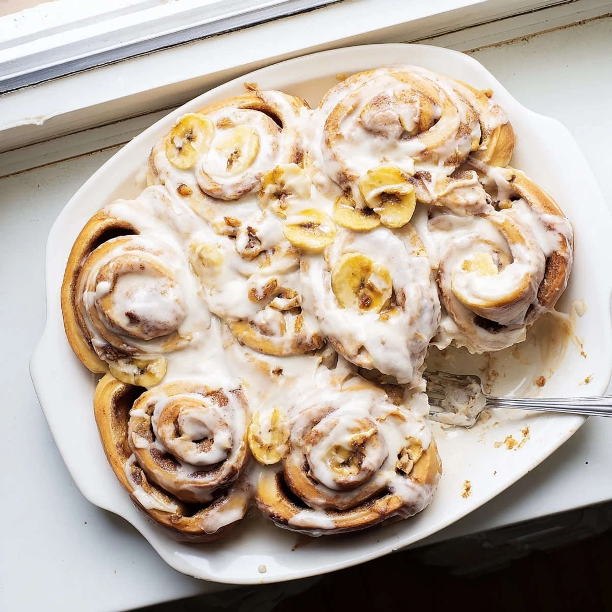 Golden banana cinnamon rolls fresh from the oven with drizzled cream cheese glaze