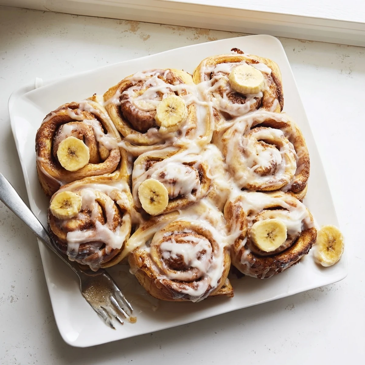 Soft pillowy banana cinnamon rolls swirled with cinnamon and topped with sweet frosting