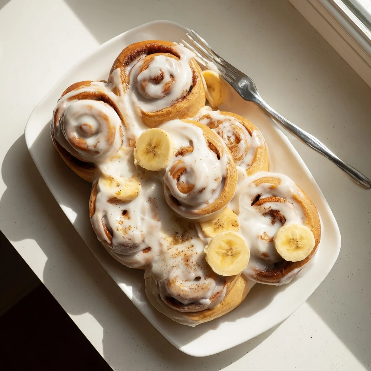 Warm homemade banana cinnamon rolls with luscious cream cheese glaze on a white plate