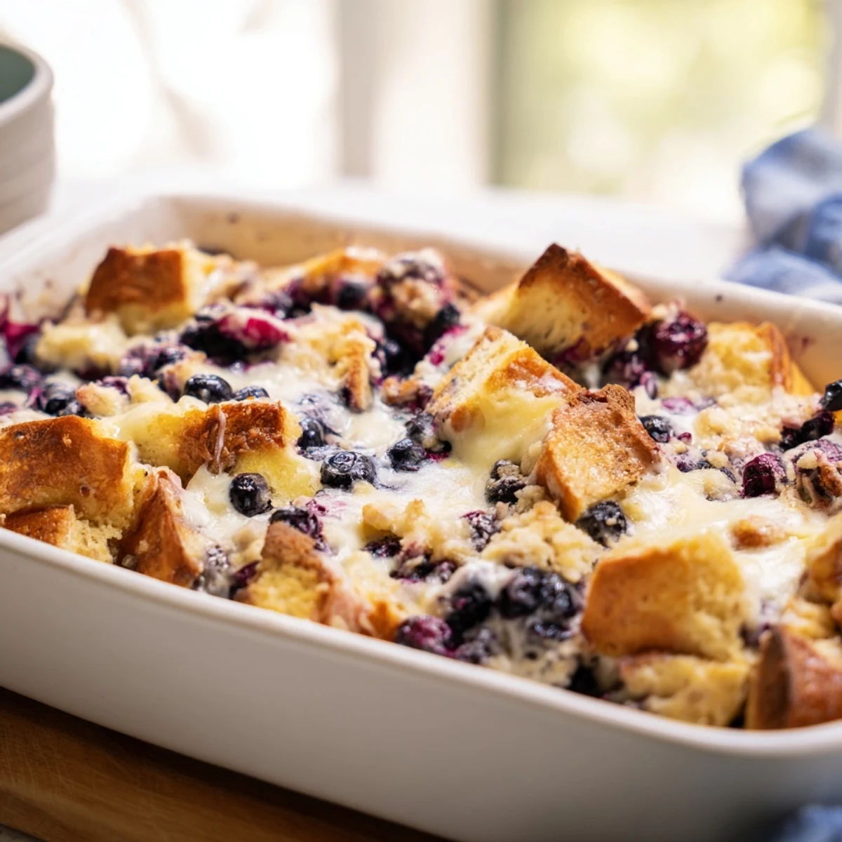 Golden blueberry cream cheese French toast casserole with crispy cinnamon streusel topping