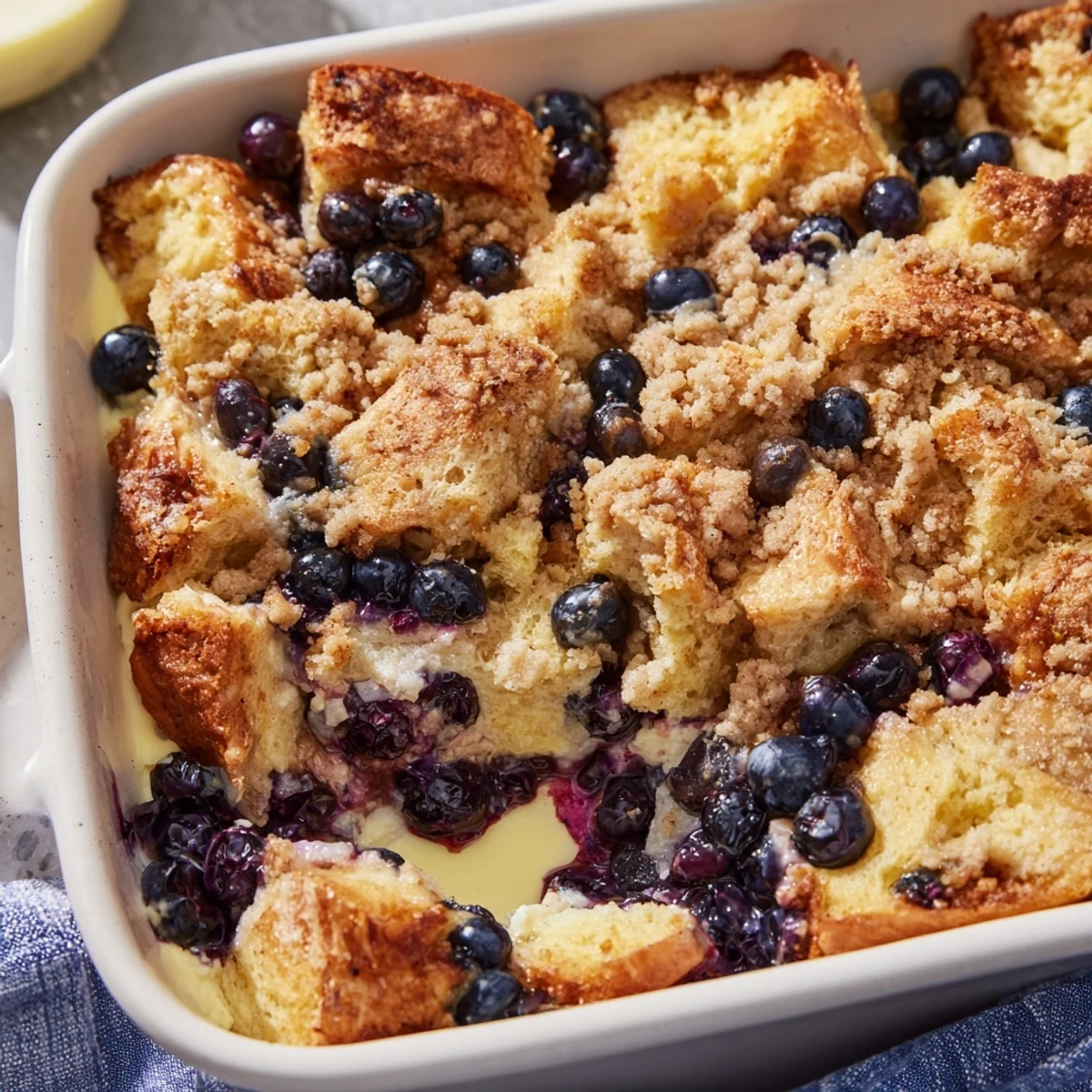Overnight blueberry cream cheese French toast casserole baked until golden brown