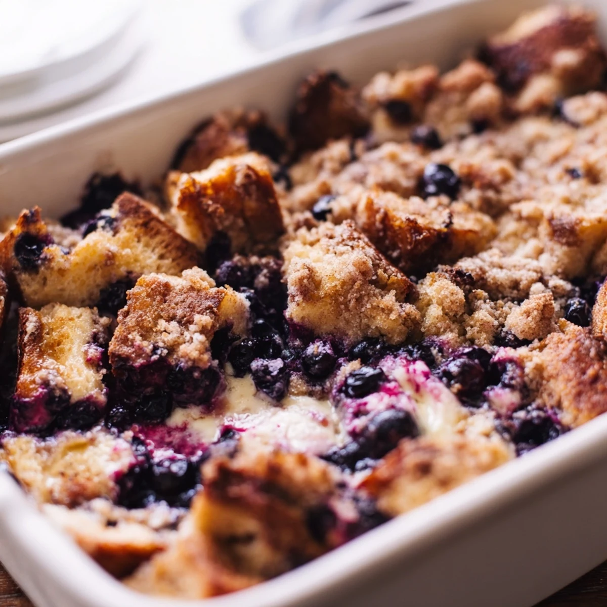 Creamy blueberry cream cheese French toast casserole with fresh berries and crunchy topping
