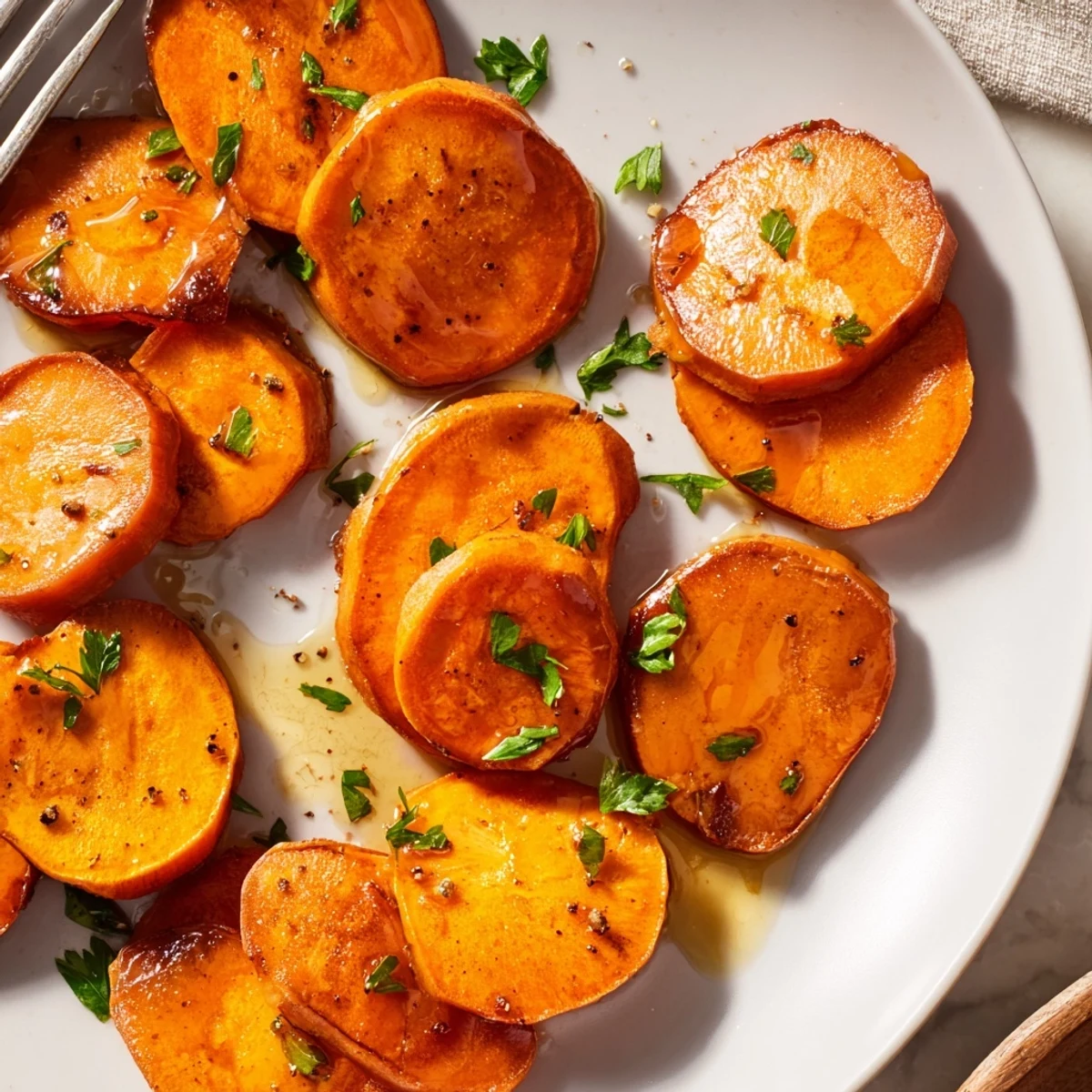 Honey Drizzled Roasted Sweet Potato Medallions glistening golden, baked and ready to serve