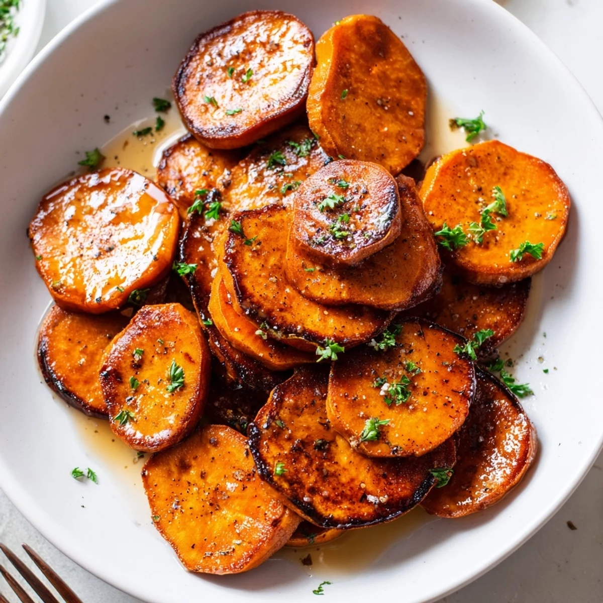 Warm Honey Drizzled Roasted Sweet Potato Medallions topped with parsley, sweet aroma