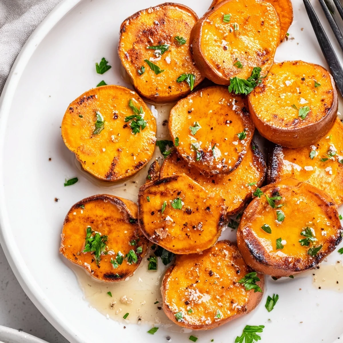 Crisp edges on Honey Drizzled Roasted Sweet Potato Medallions, ideal for gatherings