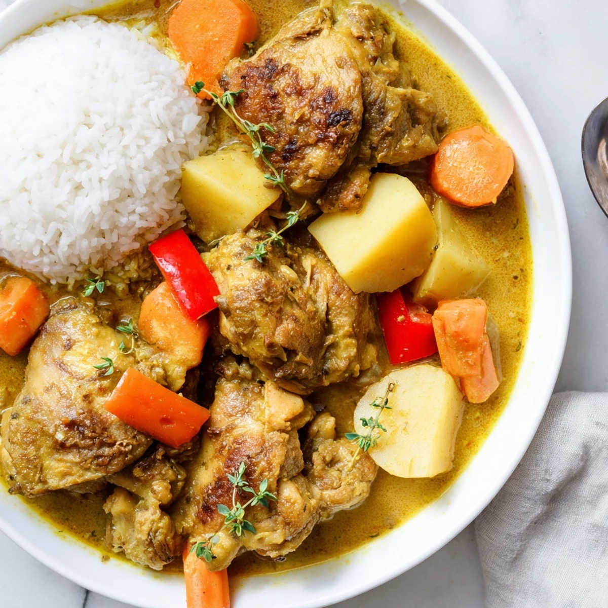 Irresistibly Tender Jamaican Curry Chicken simmering in coconut sauce over rice
