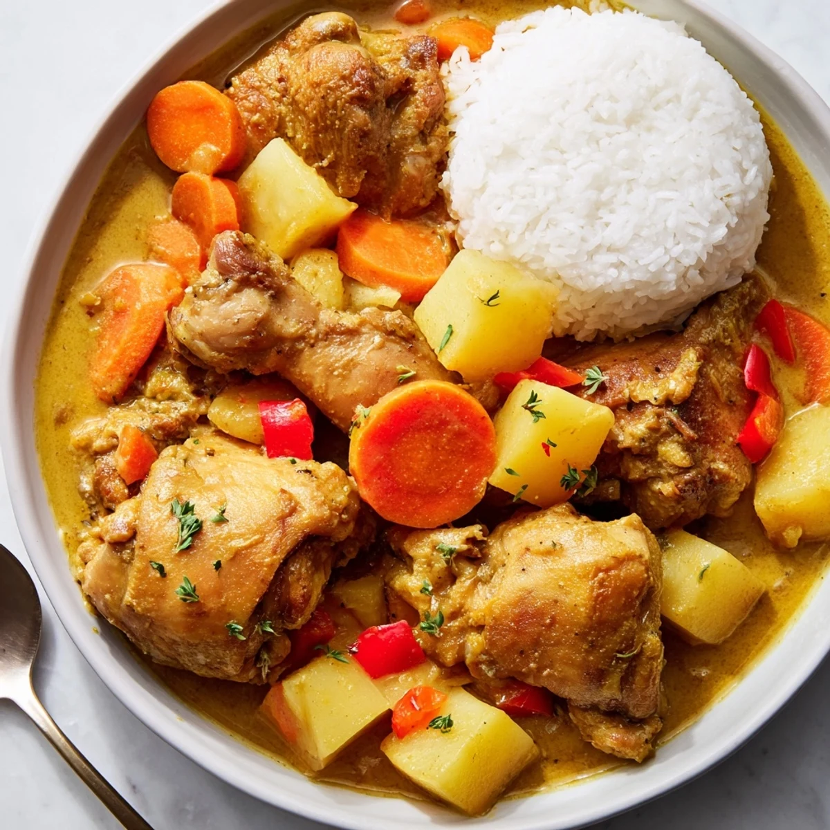 Bowl of Irresistibly Tender Jamaican Curry Chicken with golden potatoes
