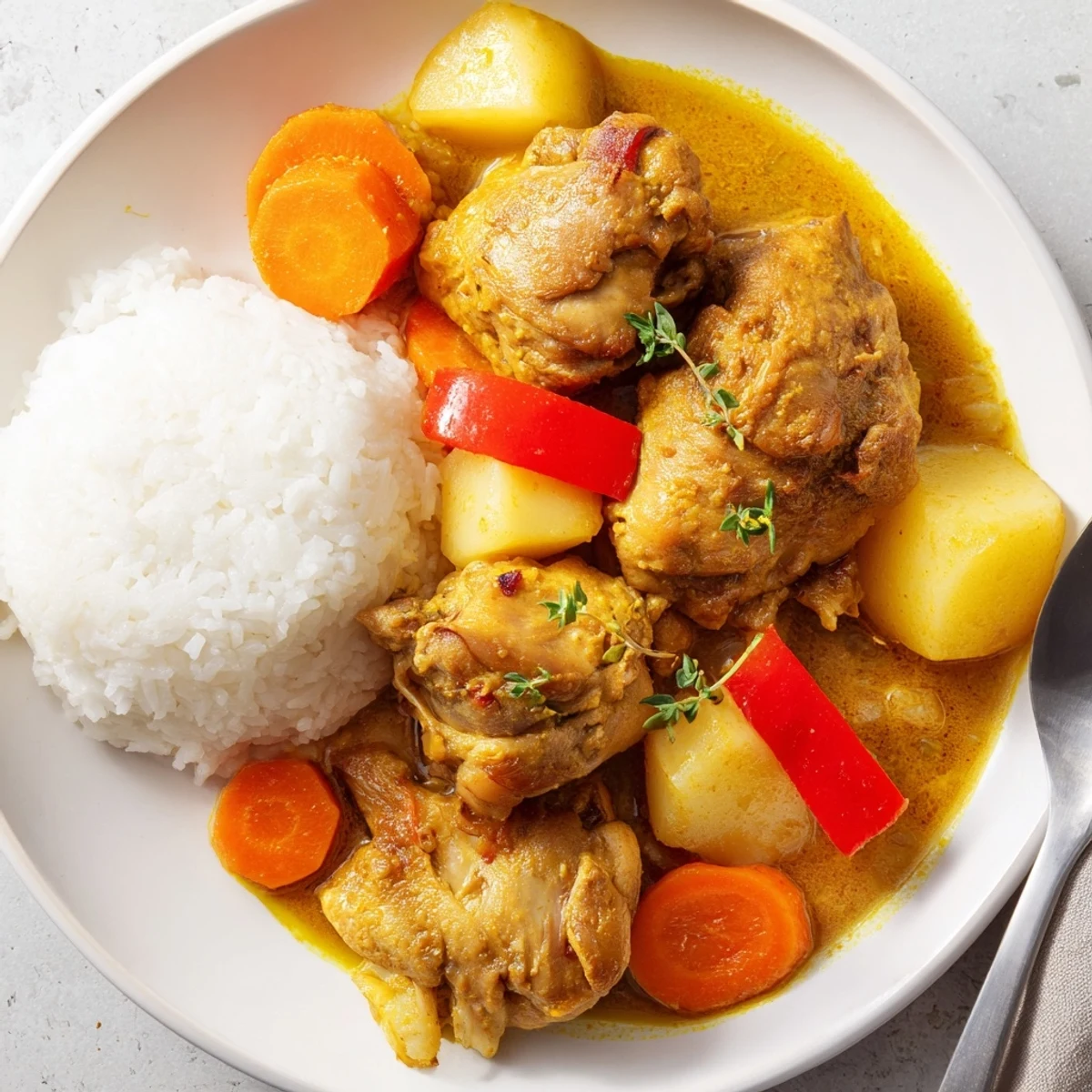 Steaming Irresistibly Tender Jamaican Curry Chicken garnished with thyme and scallions