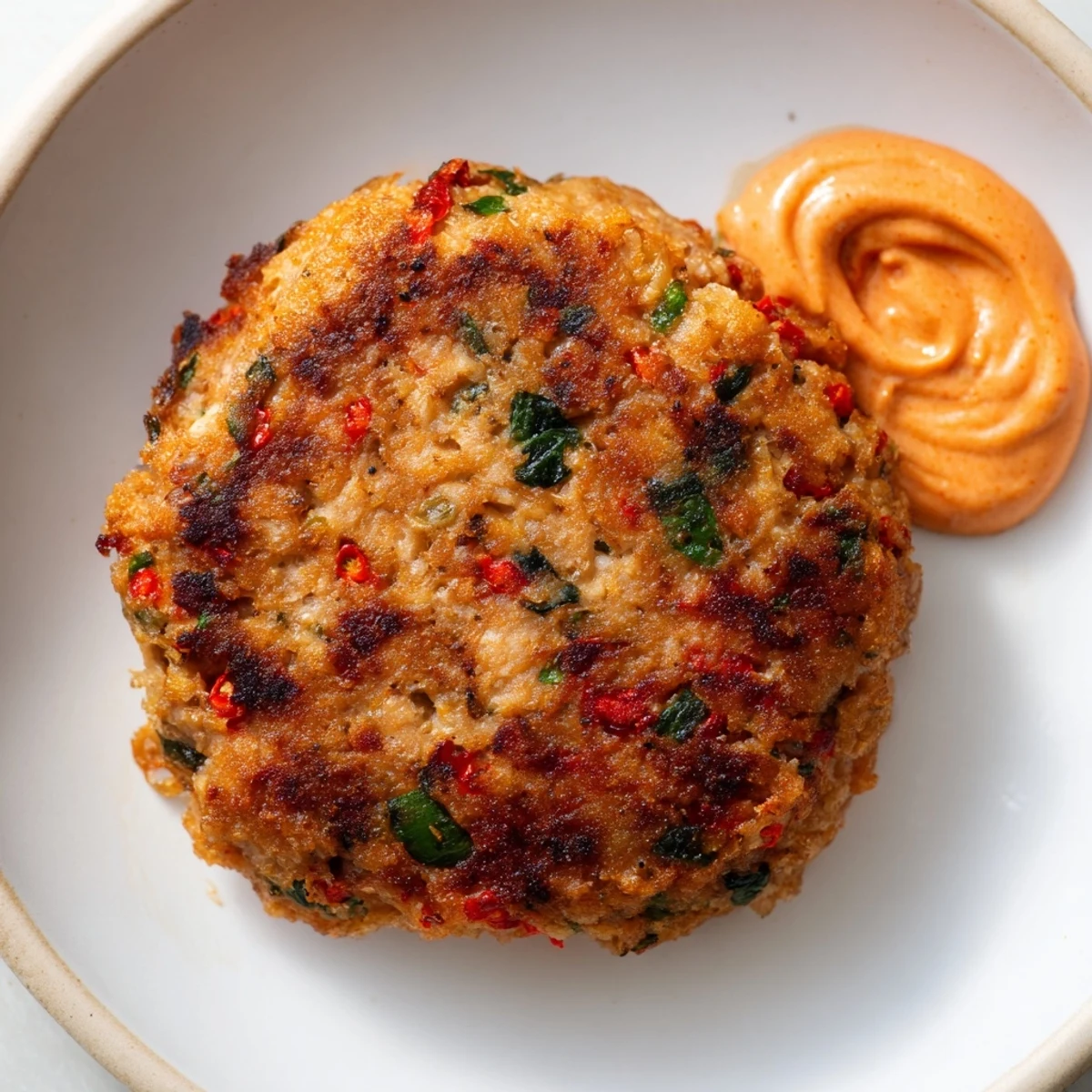 Golden brown Asian tuna cakes arranged on a white plate with zesty spicy mayo dipping sauce in a small ramekin