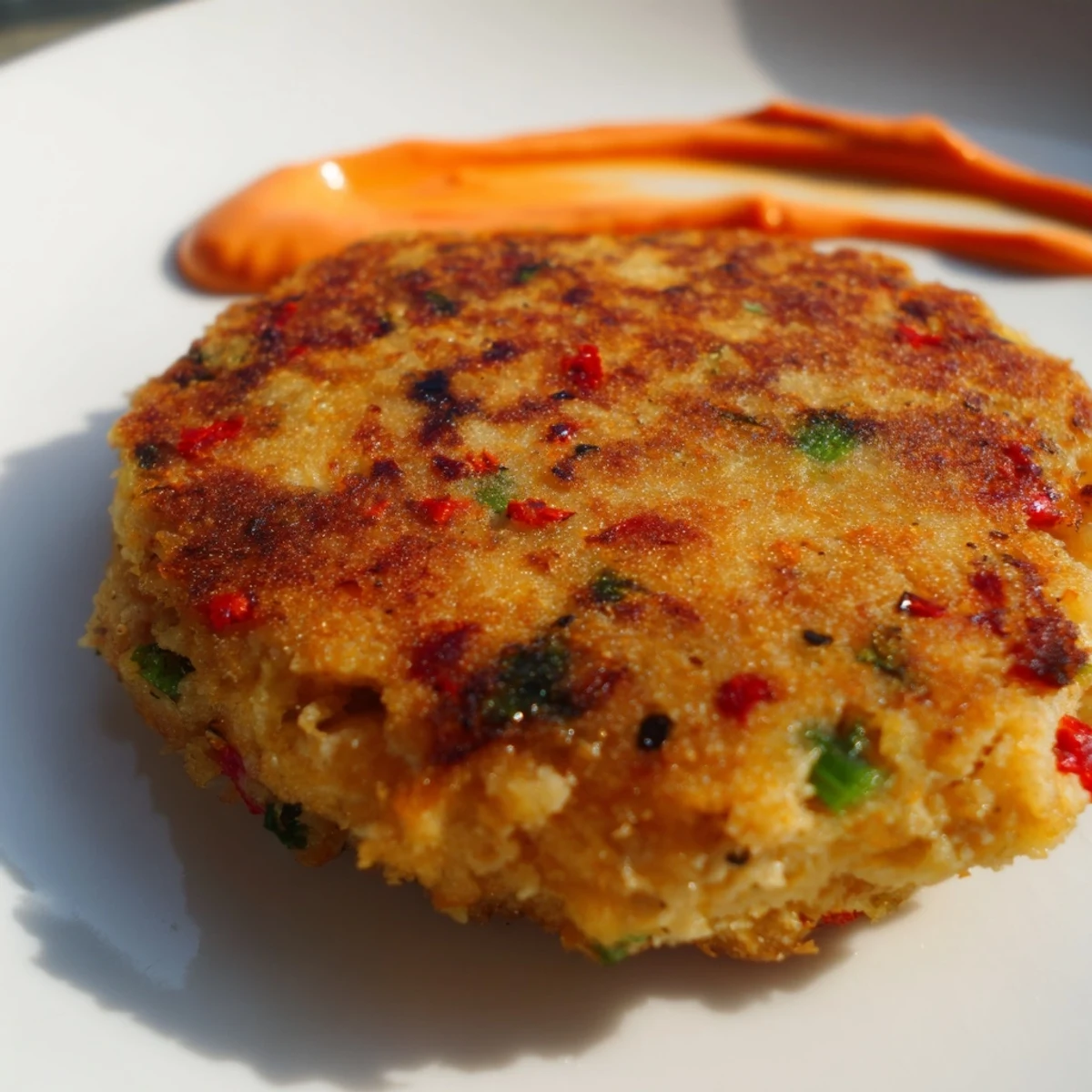 Homemade Asian tuna cakes with golden edges and chopped cilantro garnish, paired with fiery spicy mayo dipping sauce