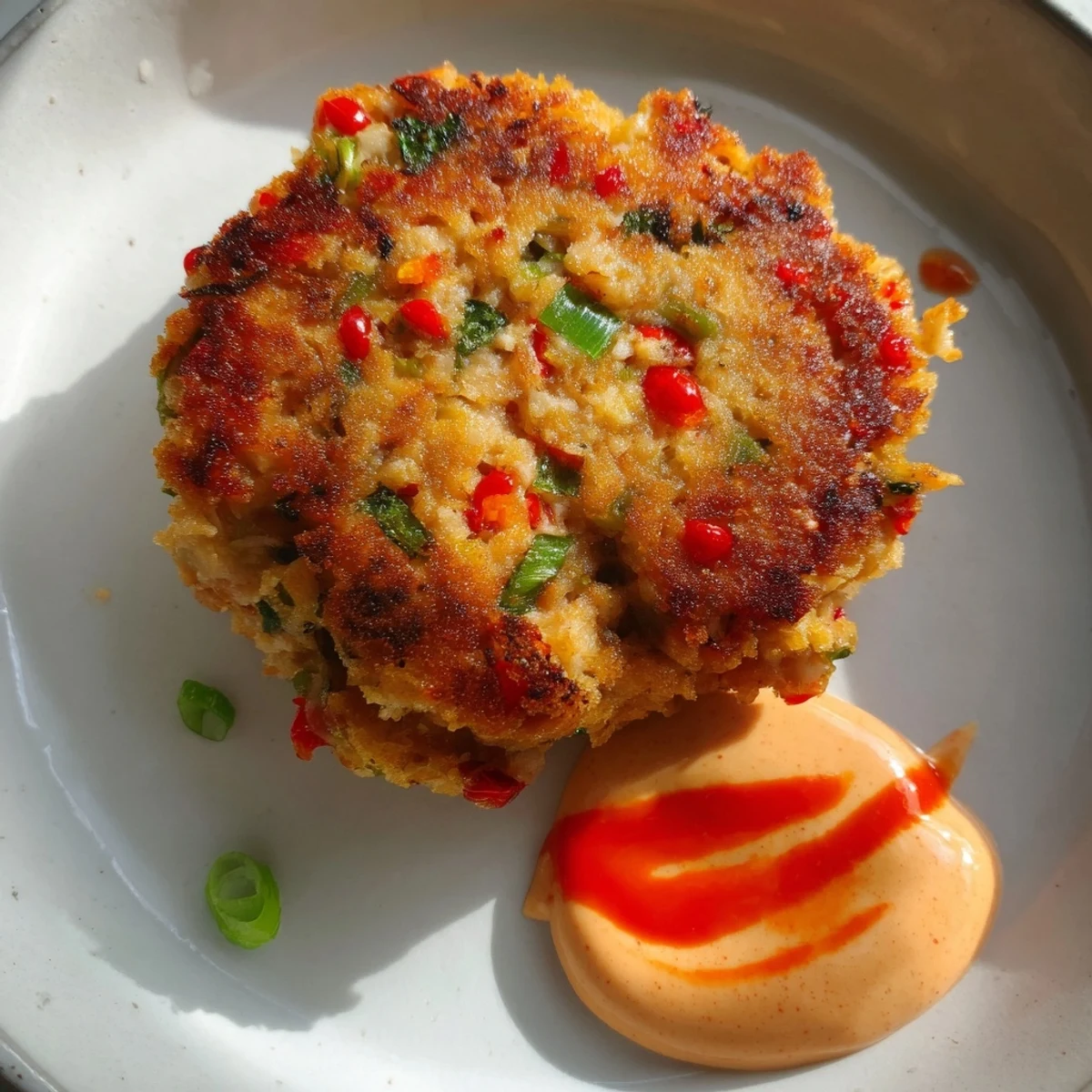 Crispy pan-fried Asian tuna cakes topped with fresh green onions, served alongside creamy spicy mayo for appetizers