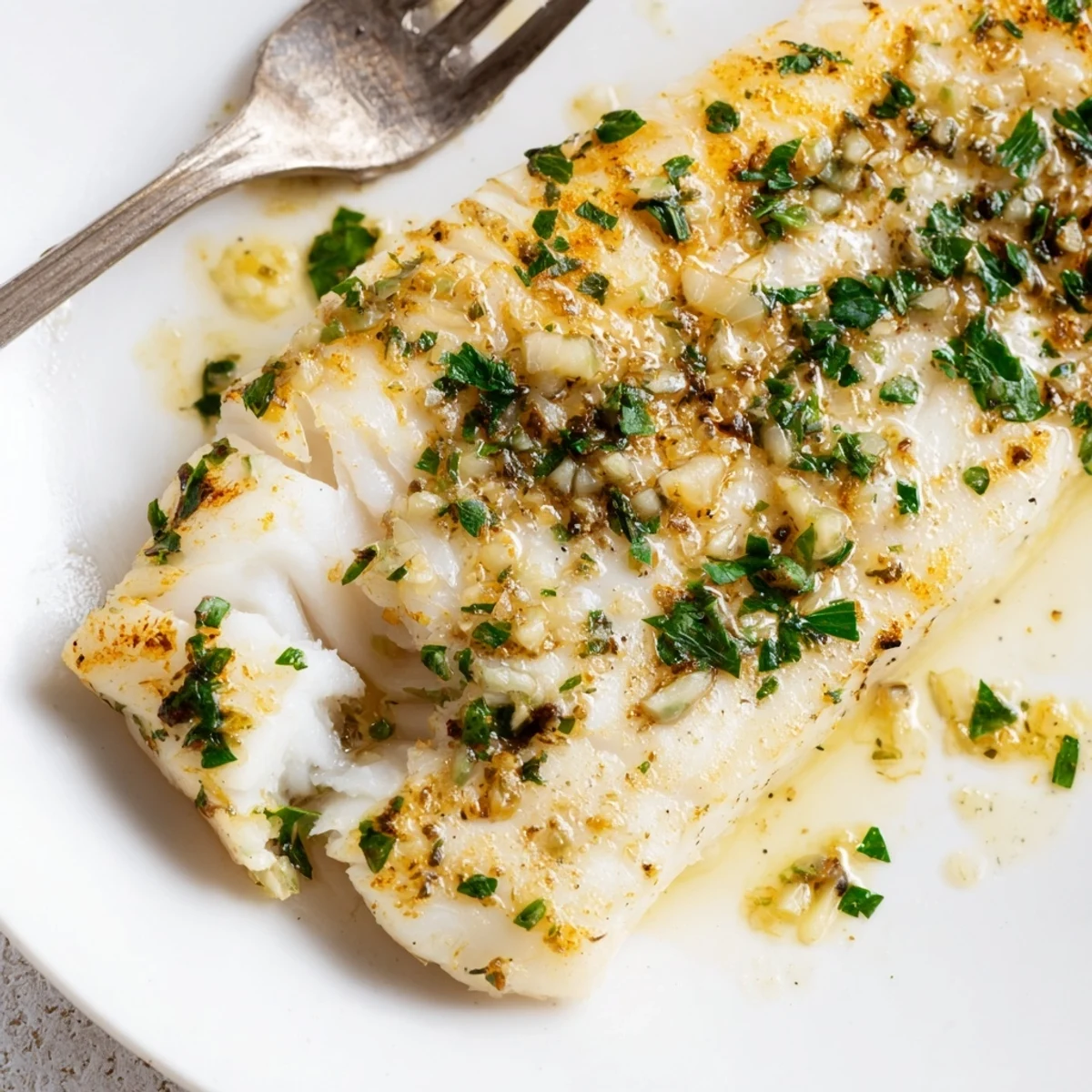 Golden pan-seared fish fillets with bright lemon garlic glaze and fresh parsley garnish