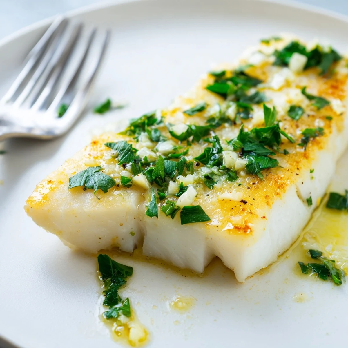 Baked lemon garlic fish recipe with tender white flakes and herb seasoning on white plate