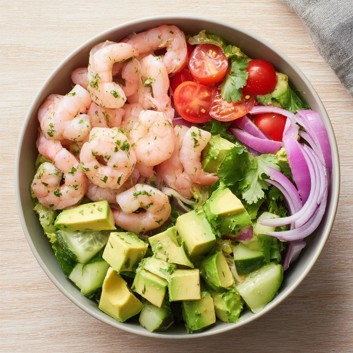 Colorful shrimp avocado salad recipe plated with cherry tomatoes cucumber red onion and zesty lime dressing drizzled on top