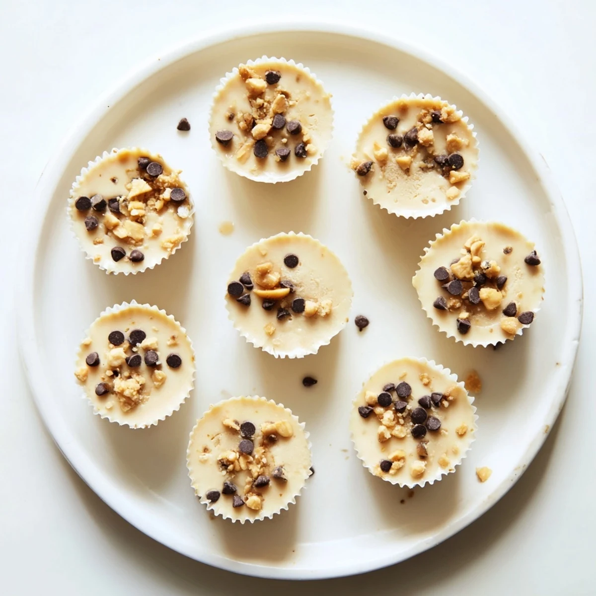 Close up of frozen Greek yogurt peanut butter bites with mini chocolate chips ready for freezing