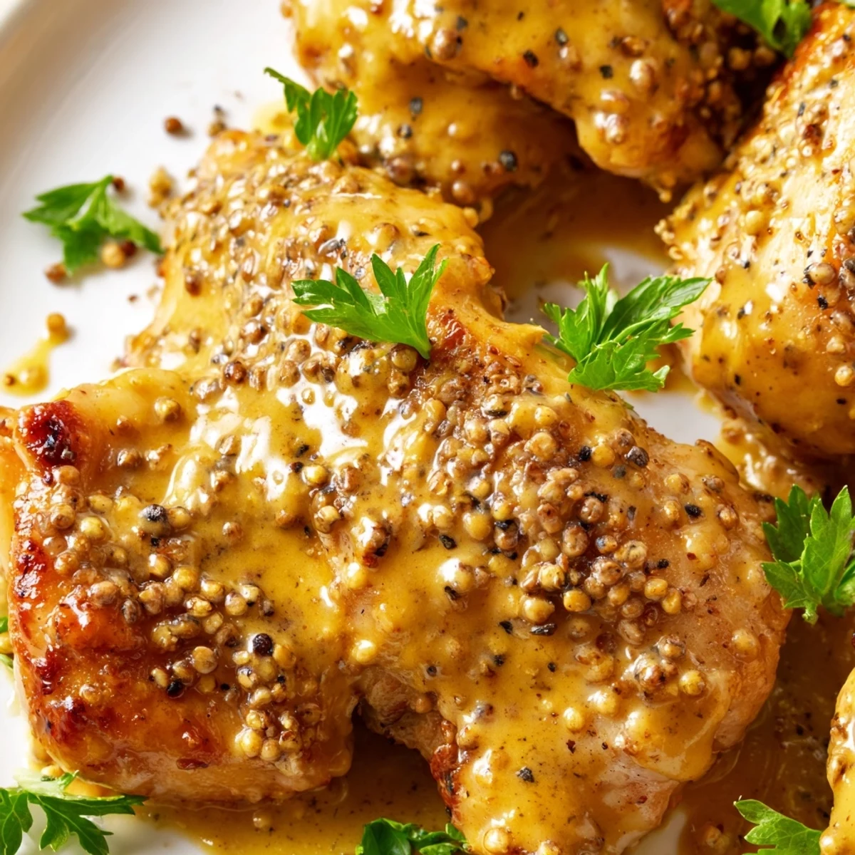 Golden brown chicken breasts glazed in thick honey mustard sauce, garnished with fresh parsley and served on a white baking dish