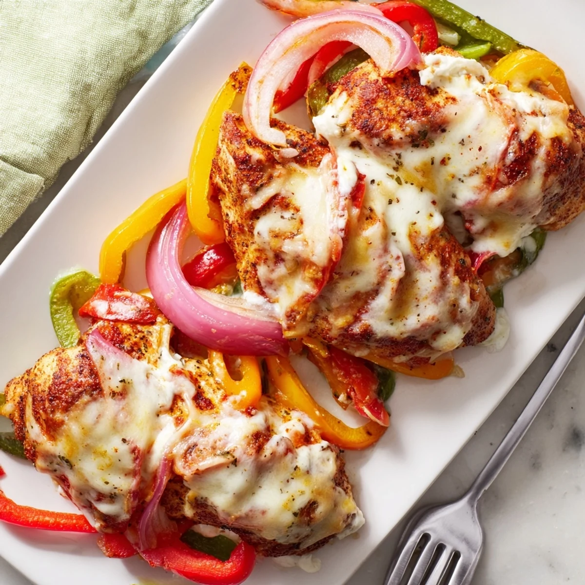 Golden melted mozzarella and cheddar top juicy seasoned chicken breasts nestled among colorful roasted bell pepper slices