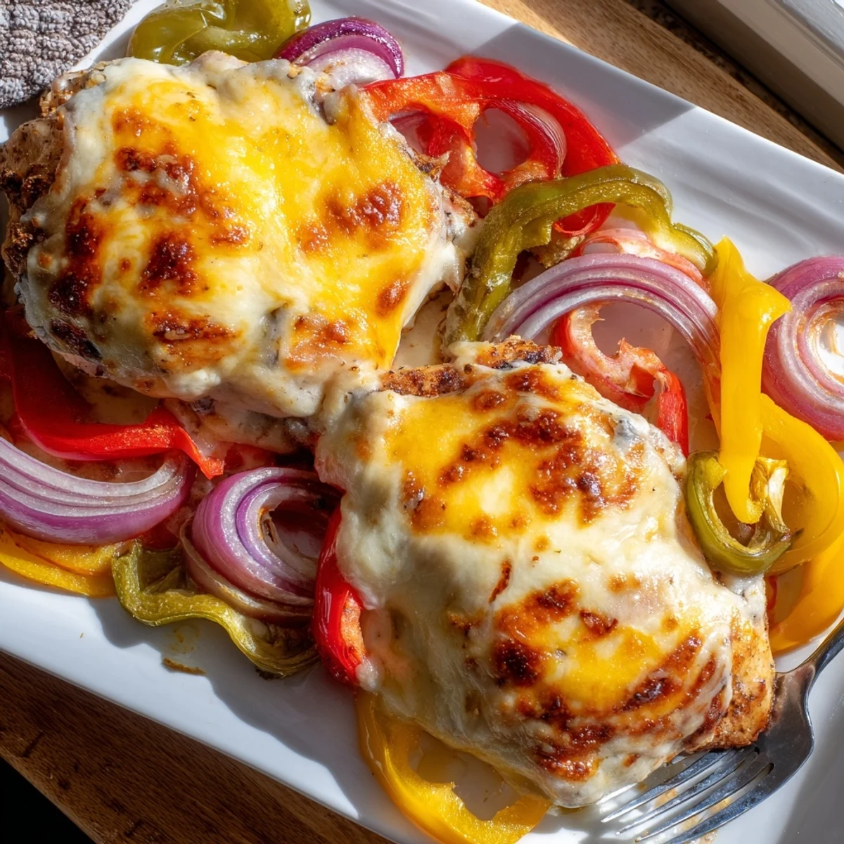 Baked cheesy chicken breast arranged over vibrant red yellow and green peppers with bubbly golden cheese crust