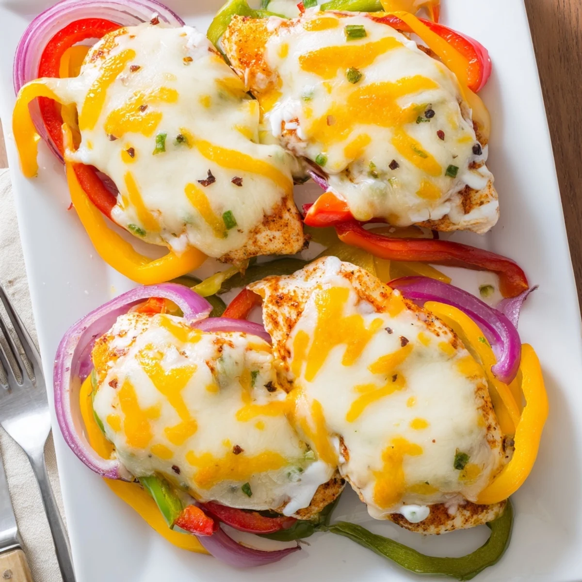Comforting one-pan cheesy baked chicken and peppers featuring tender spiced meat under a blanket of melted cheeses