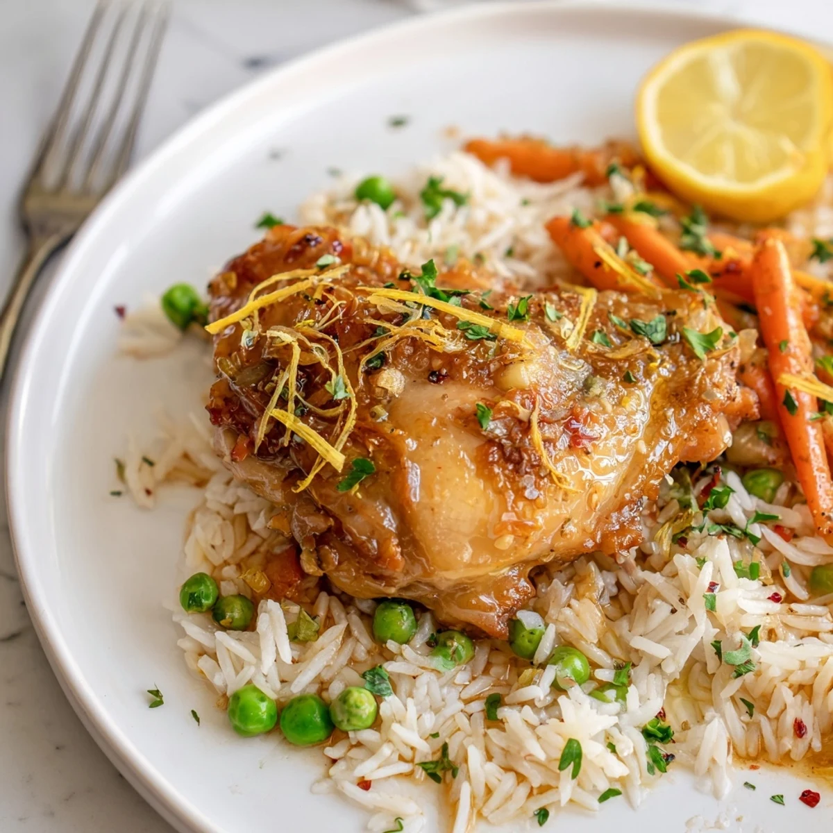 Slow Cooker Lemon Herb Chicken And Rice steaming with bright lemon wedges, parsley.