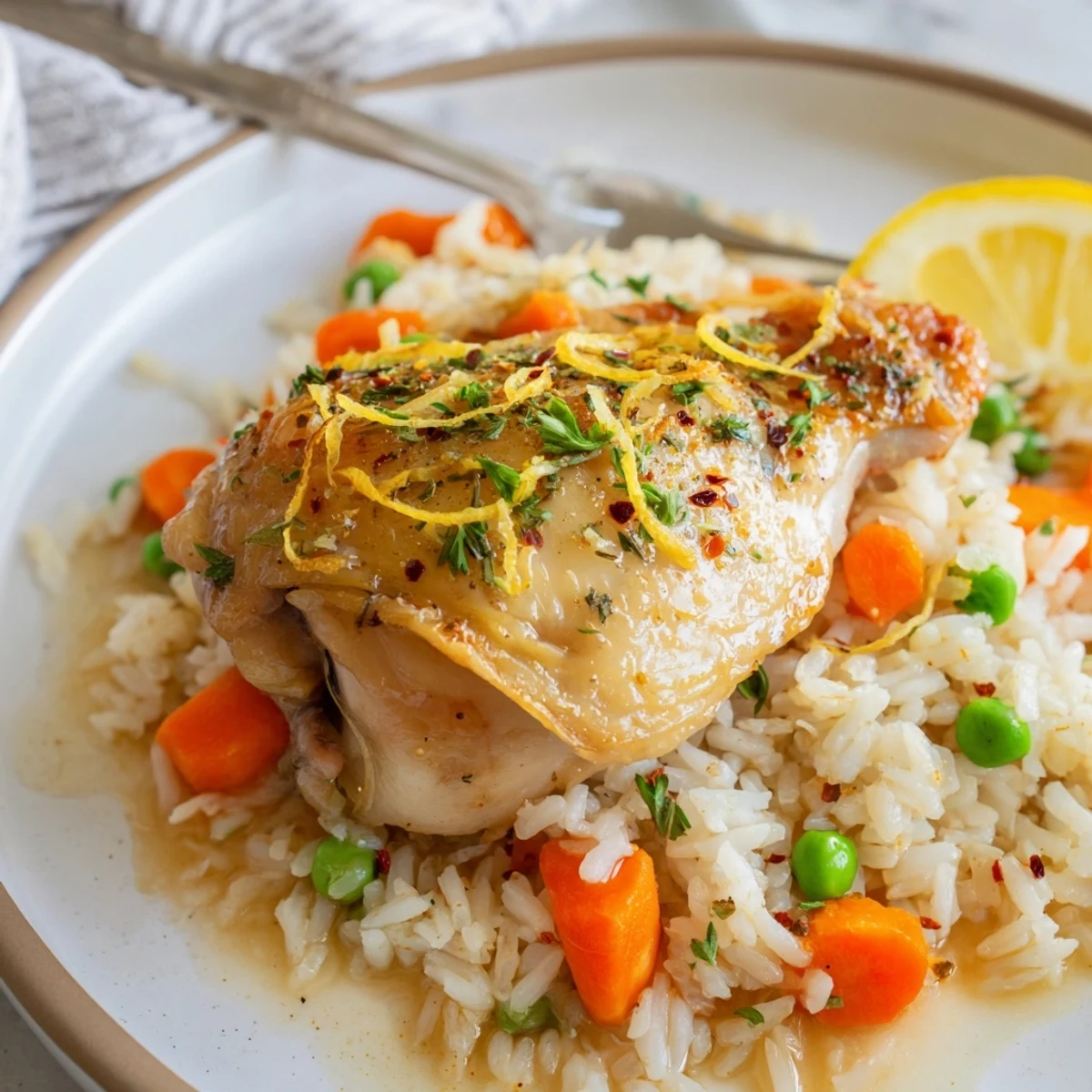 Bowl of tender rice and chicken: Slow Cooker Lemon Herb Chicken And Rice.