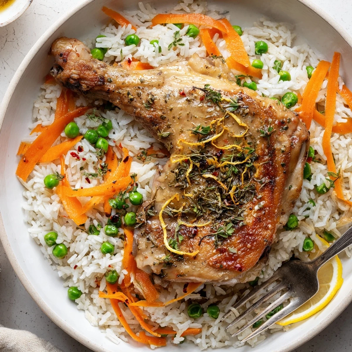 Plated Slow Cooker Lemon Herb Chicken And Rice garnished with parsley, lemon wedge.