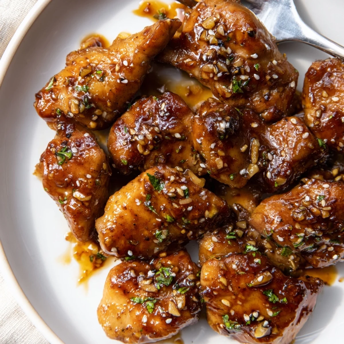 Crockpot Honey Garlic Chicken with sticky golden glaze, steaming over white rice