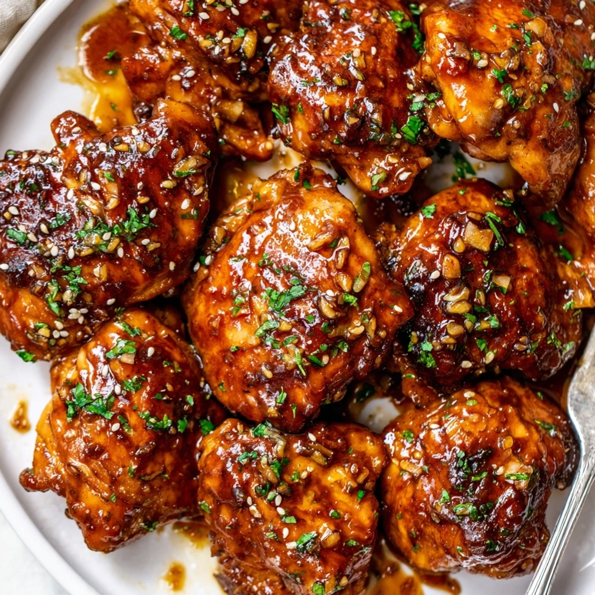 Slow-simmered Crockpot Honey Garlic Chicken, juicy thighs finished with sesame and parsley