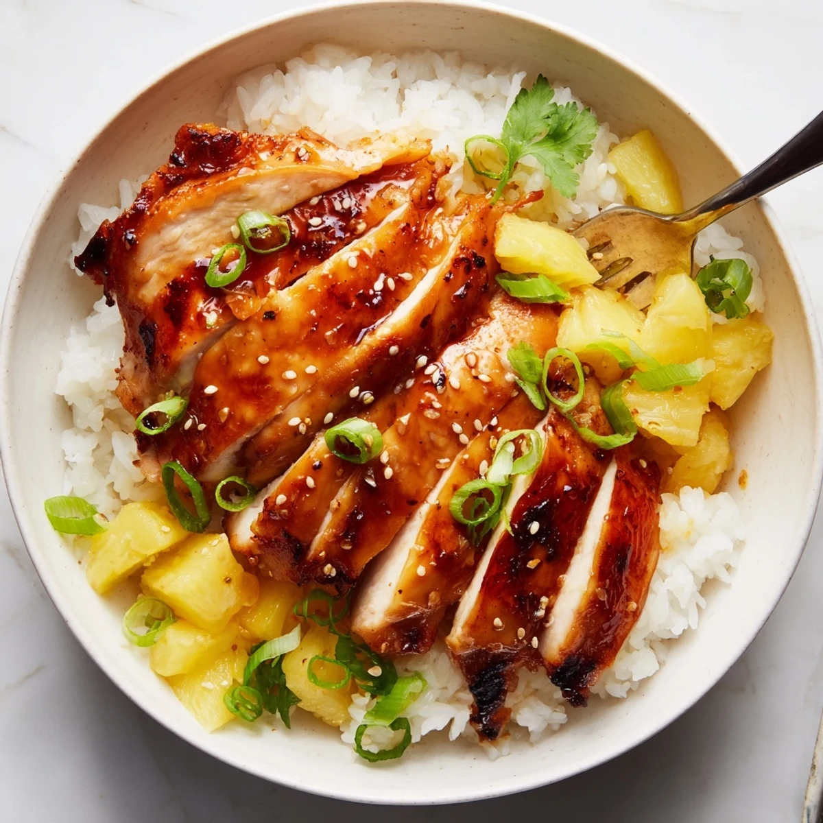 Sliced Hawaiian Chicken With Coconut Rice glistening in pineapple glaze, topped with cilantro