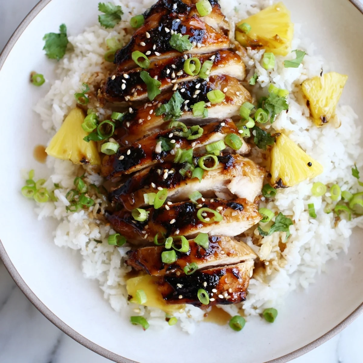 Grilled Hawaiian Chicken With Coconut Rice served with fresh pineapple and green onions