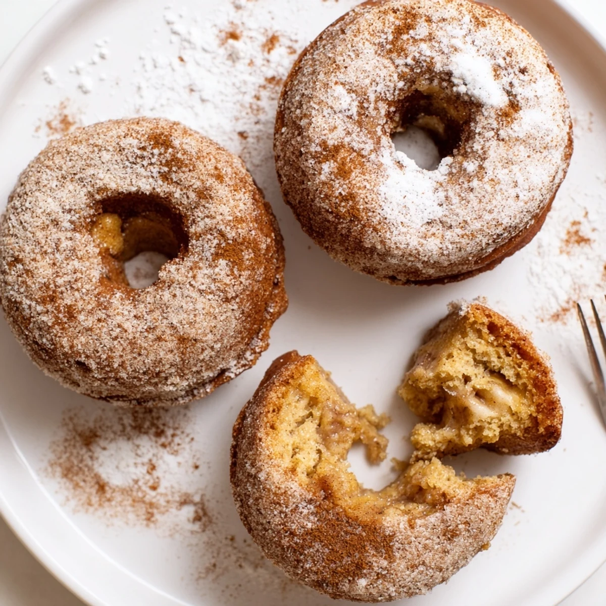 Stacked Banana Donuts topped with powdered sugar, soft texture and banana aroma.
