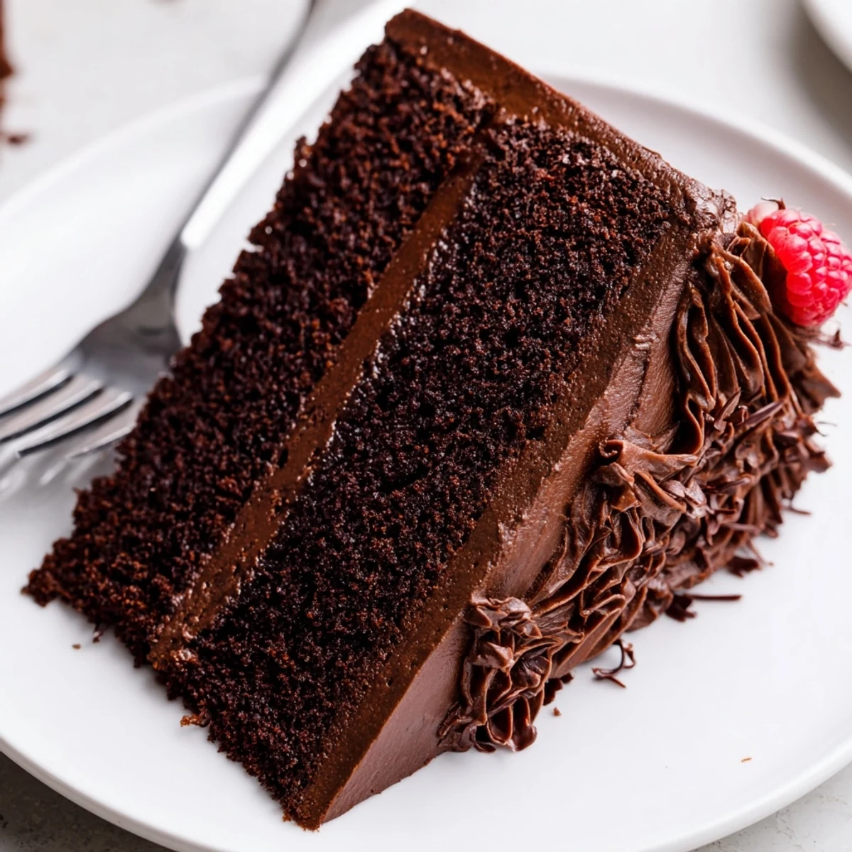 Warm Chocolate Cake Recipe slice plated with berries, steaming and fudgy