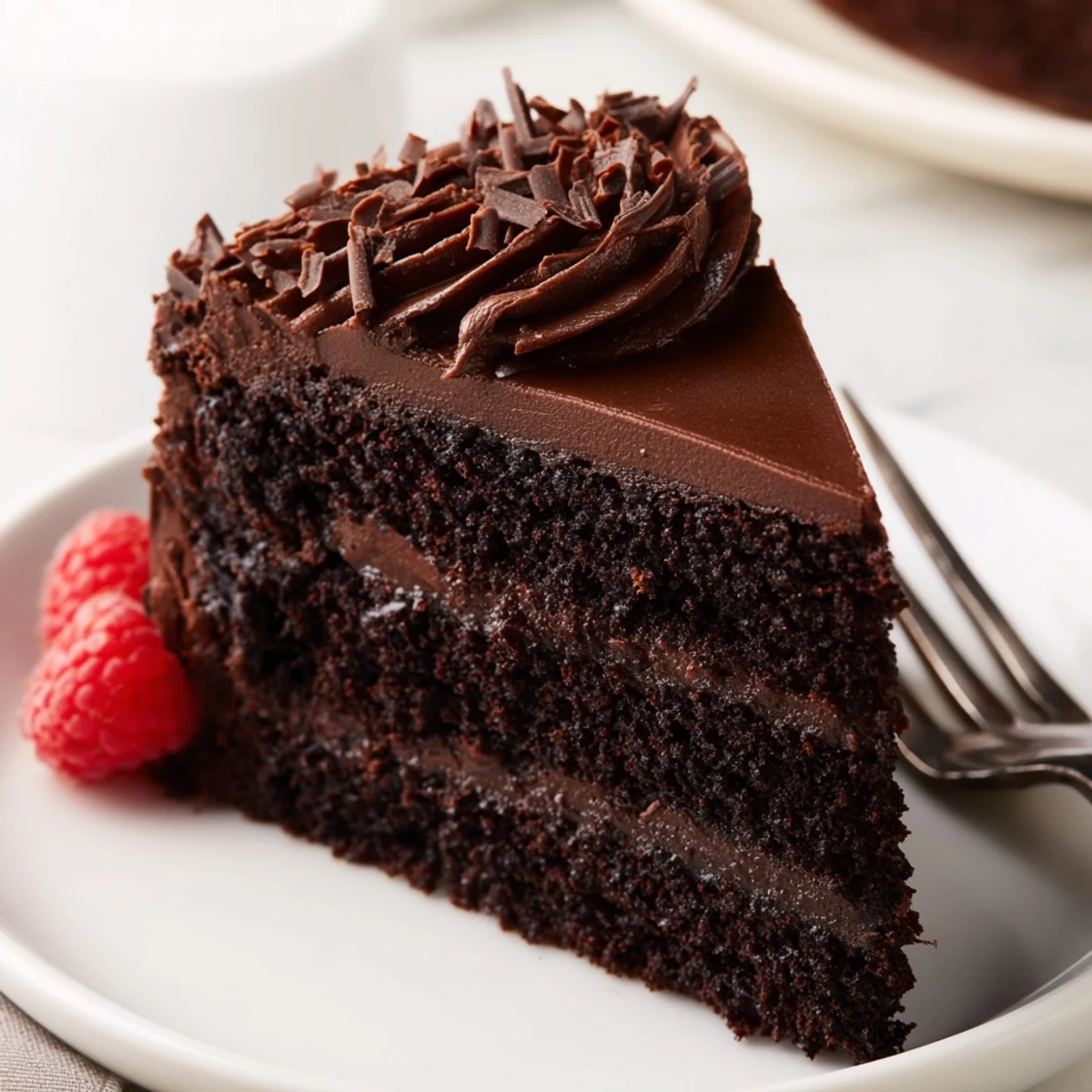 Chocolate Cake Recipe showing moist layers frosted thickly, topped with chocolate shavings