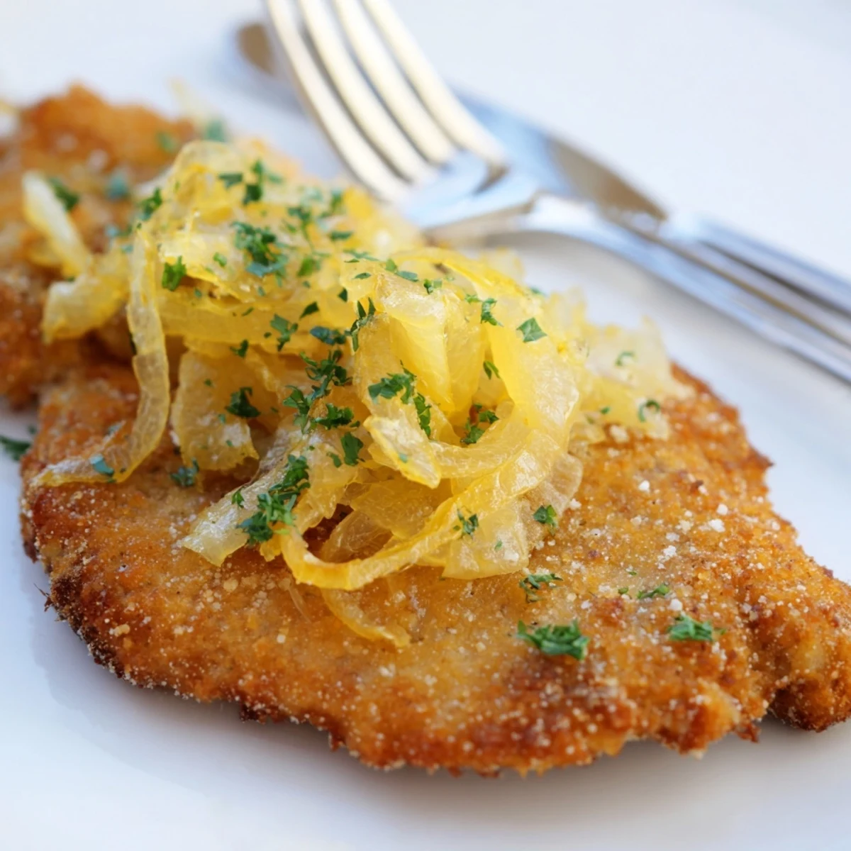 Crispy Chicken Caramelized Onions Melted Cheese topped with golden breadcrumbs, steaming