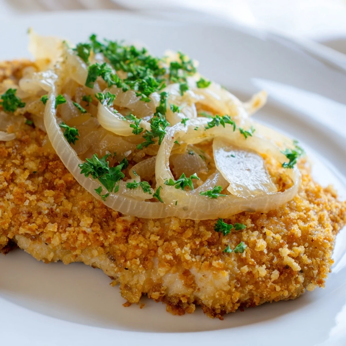 Oven-baked Crispy Chicken Caramelized Onions Melted Cheese resting, cheese browned and gooey