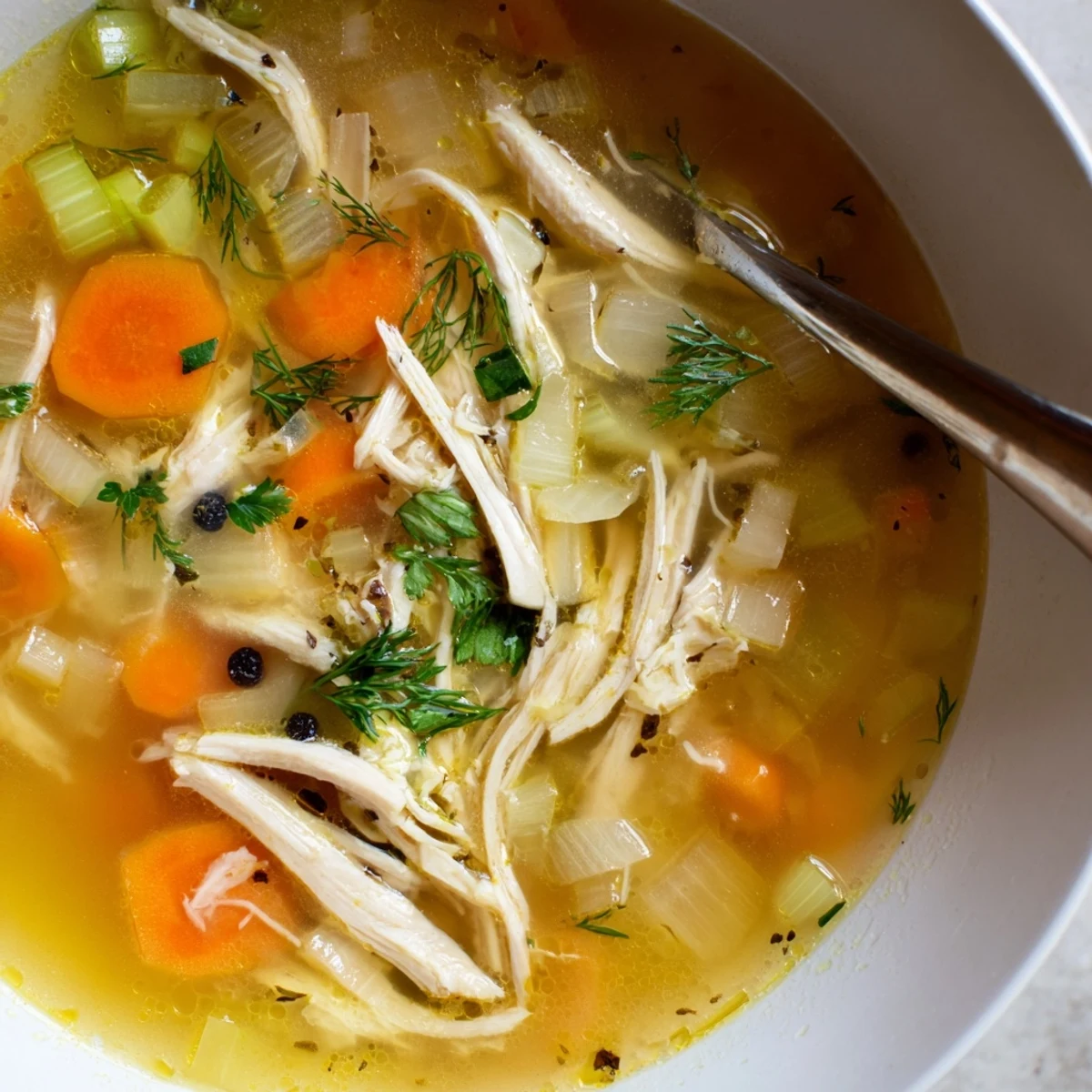 Chicken Soup glistening in a bowl, tender chicken and aromatic herb broth