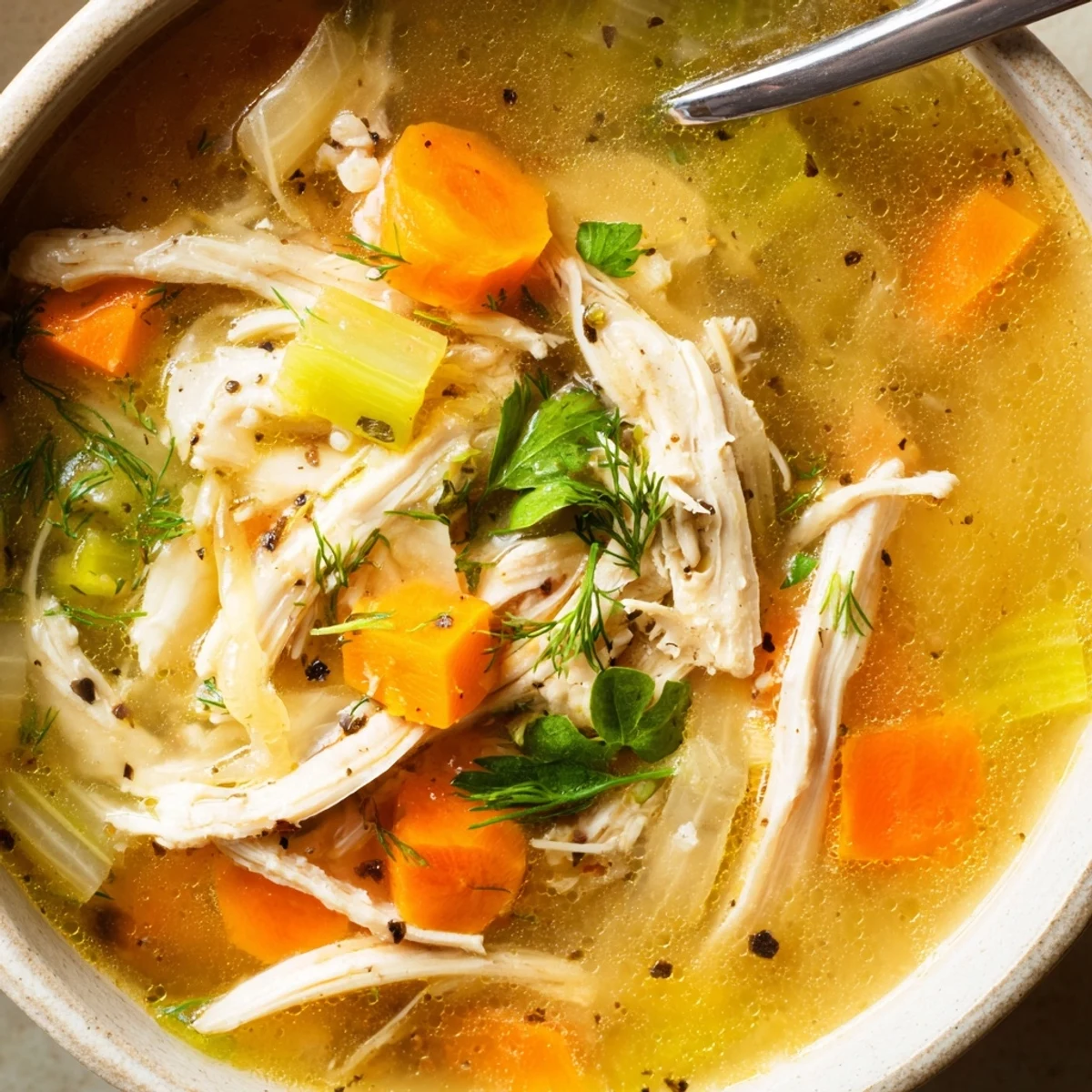 Bowl of Chicken Soup garnished with parsley, steaming, cozy and nourishing