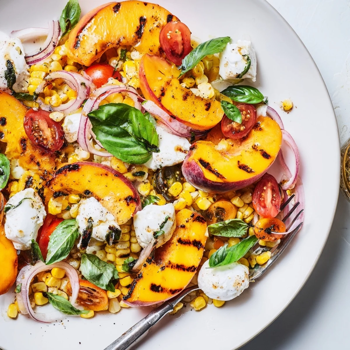 Charred, juicy Grilled Peach Corn Salad with Creamy Cheese, tossed with basil  