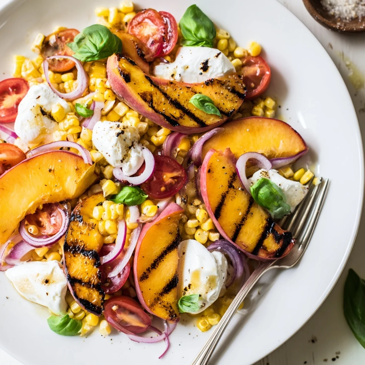 Bright Grilled Peach Corn Salad with Creamy Cheese on platter, chilled for picnic  