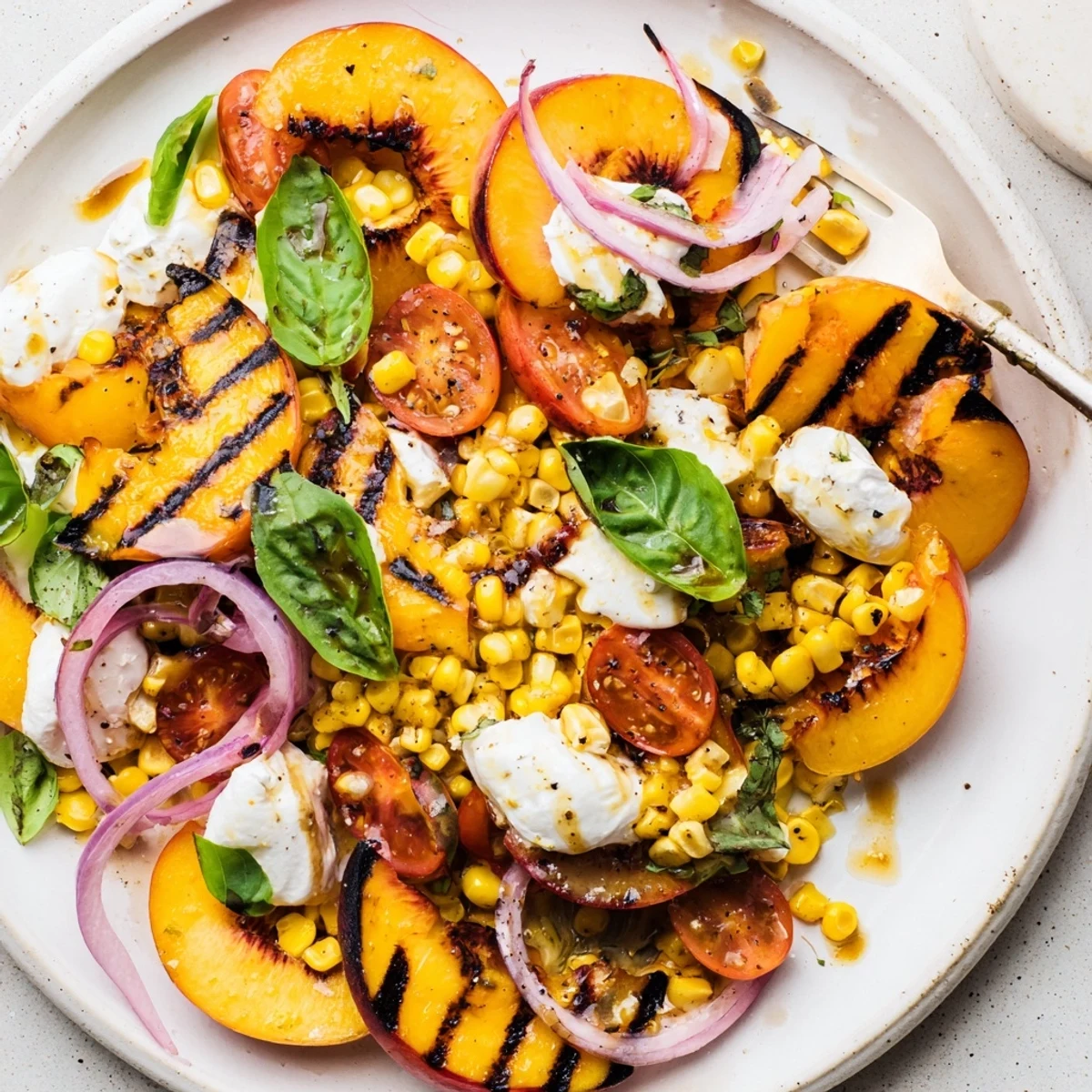 Grilled Peach Corn Salad with Creamy Cheese piled in bowl, sweet, tangy bites