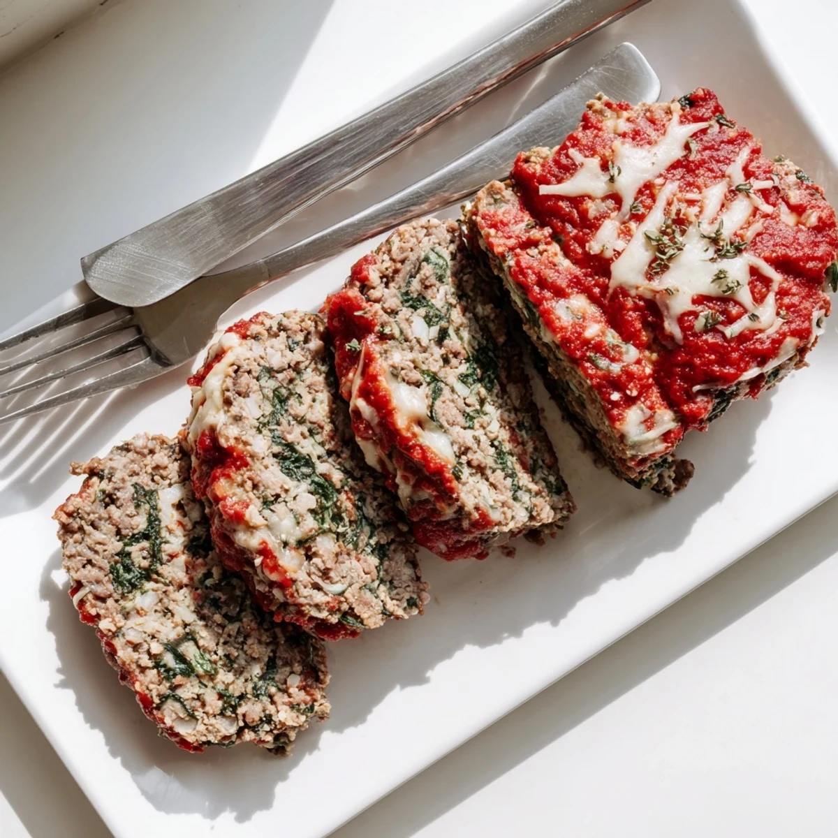 Bubbling melted mozzarella cheese topping a warm slice of Italian spinach meatloaf with fresh herbs