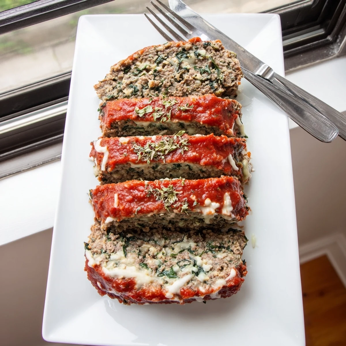 Golden sliced Italian spinach mozzarella meatloaf topped with marinara sauce on a white serving plate