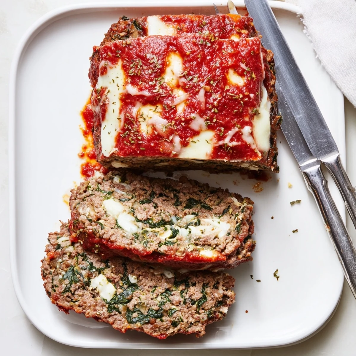 Savory loaf studded with green spinach and shredded mozzarella sliced thick for family dinner