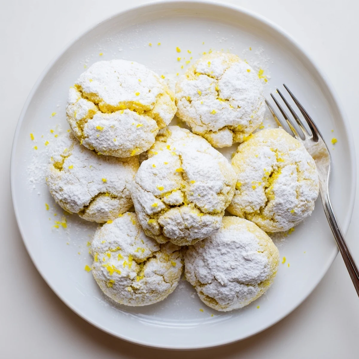 Tangy lemon pixie cookies rolled in powdered sugar arranged on white baking parchment