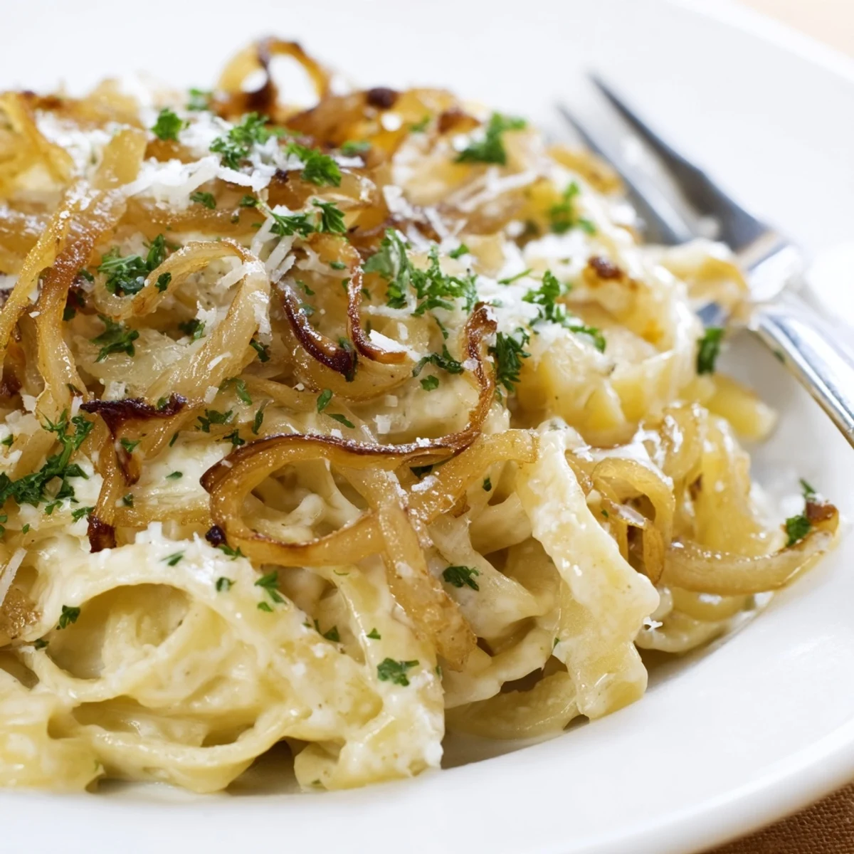 Creamy fettuccine pasta tossed with sweet caramelized onions in a rich Parmesan white sauce
