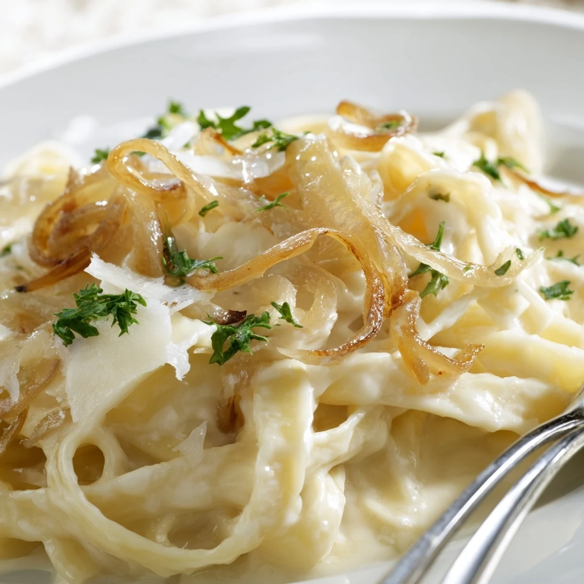 Spoon lifting silky caramelized onion cream pasta showcasing the velvety texture and golden noodles