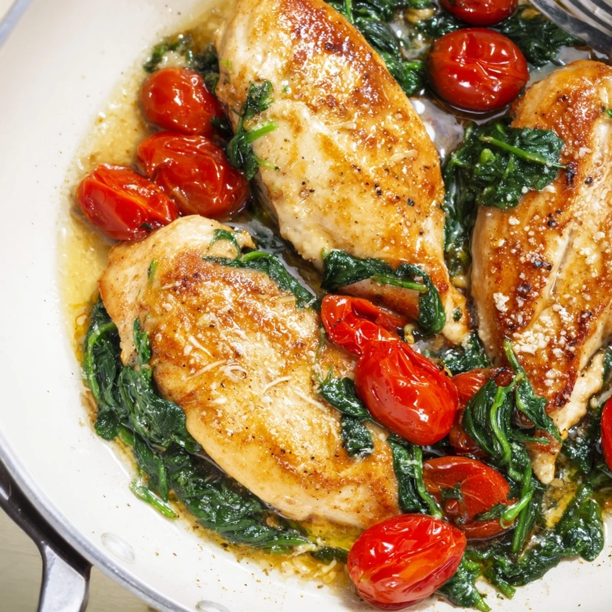 Golden pan-seared chicken breasts nestled in a savory tomato spinach sauce with melted Parmesan