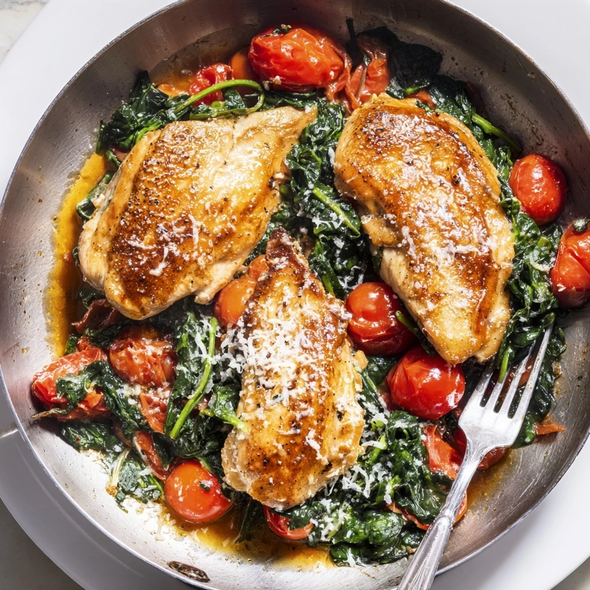 Weeknight tomato spinach chicken simmered in a skillet with tender greens and juicy cherry tomatoes